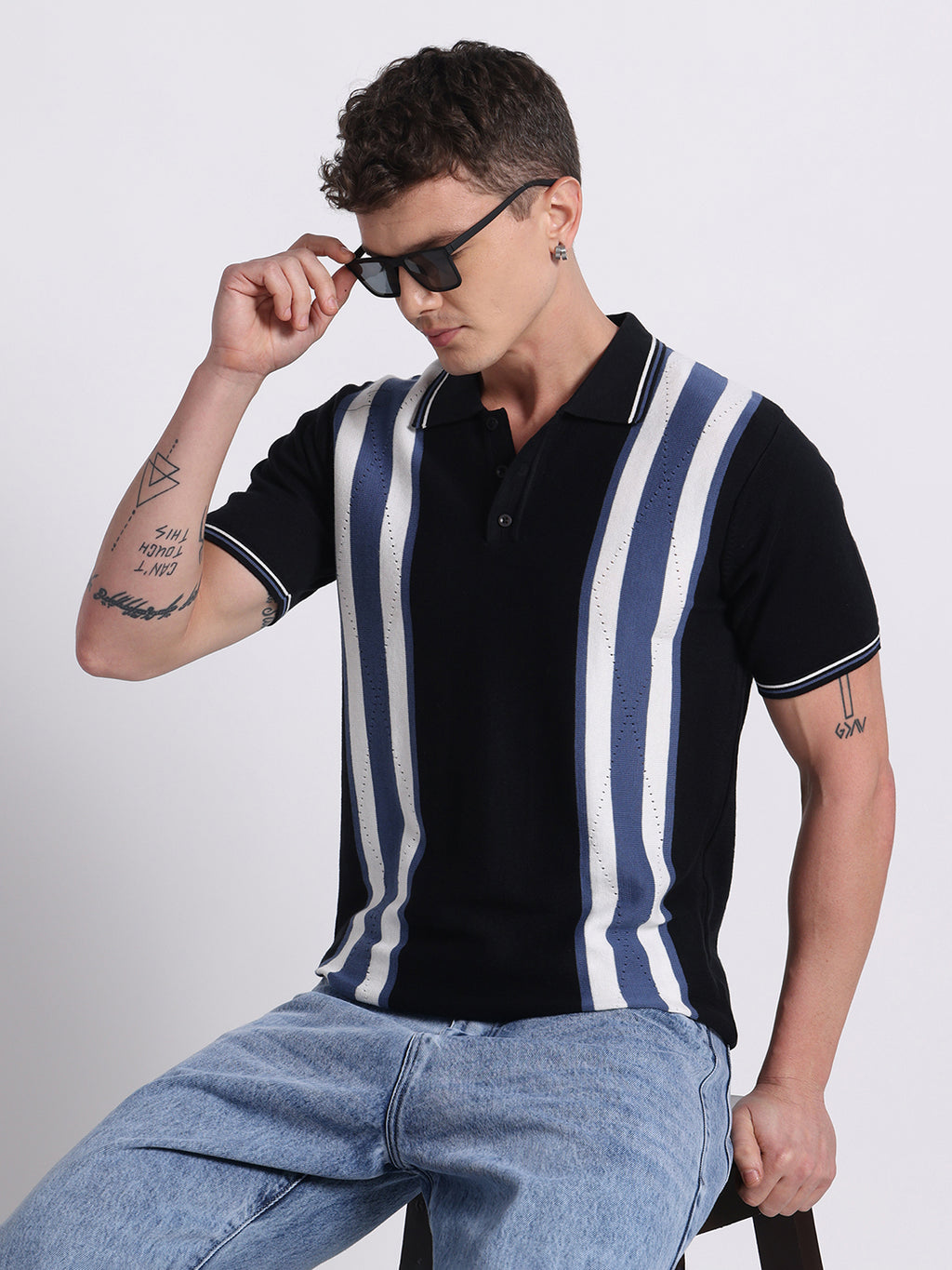 Retro Stripe Knit Polo – Midnight Black & Blue