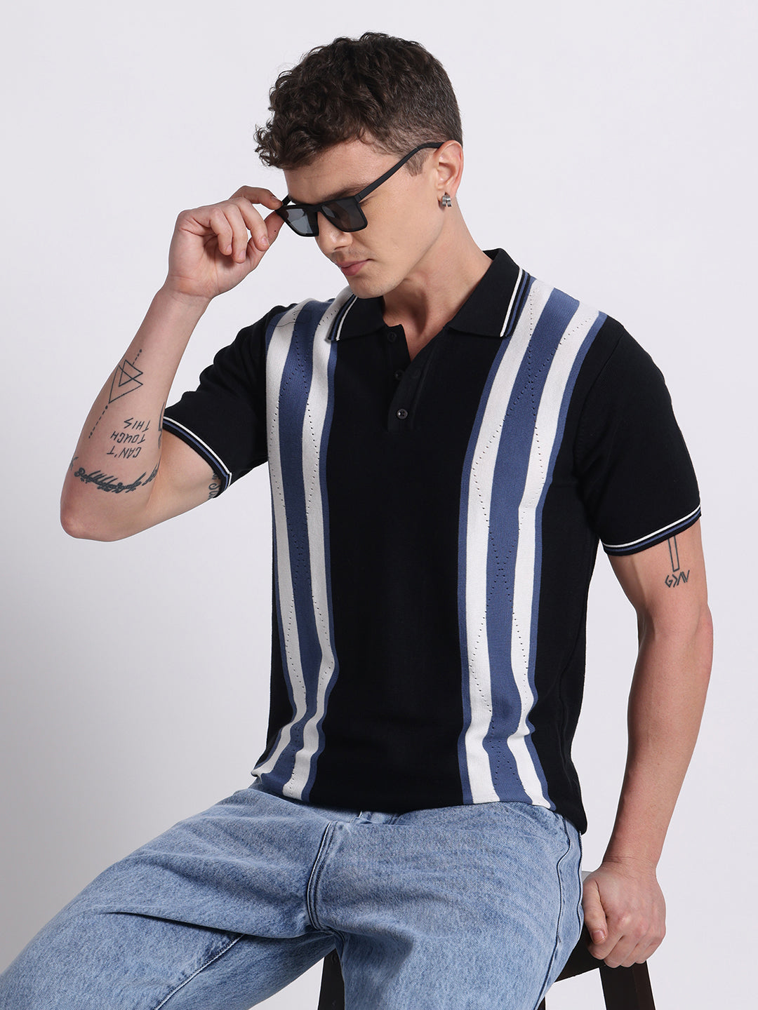 Retro Stripe Knit Polo – Midnight Black & Blue