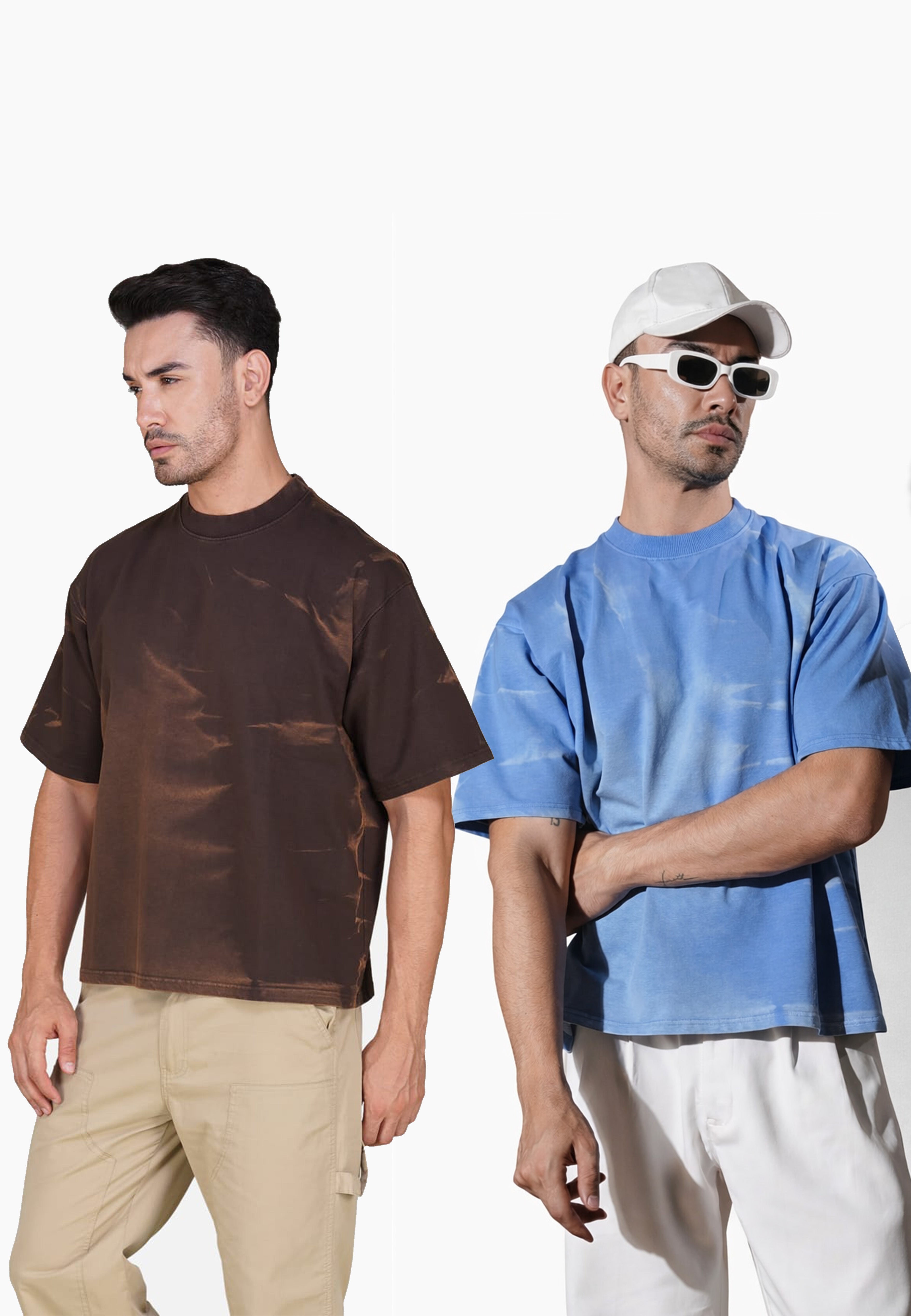 OVERSIZED TIE-DYE COTTON T-SHIRT - SKY BLUE & COFFEE  (PACK OF 2)