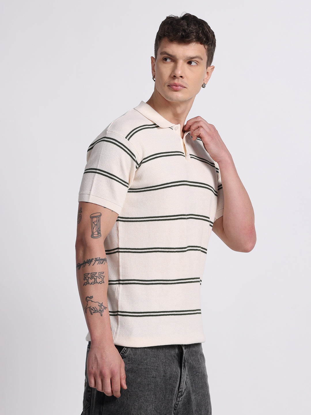 Striped Minimal Knit Polo – Cream Black