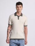 Textured Panel Knit Polo – Olive Beige