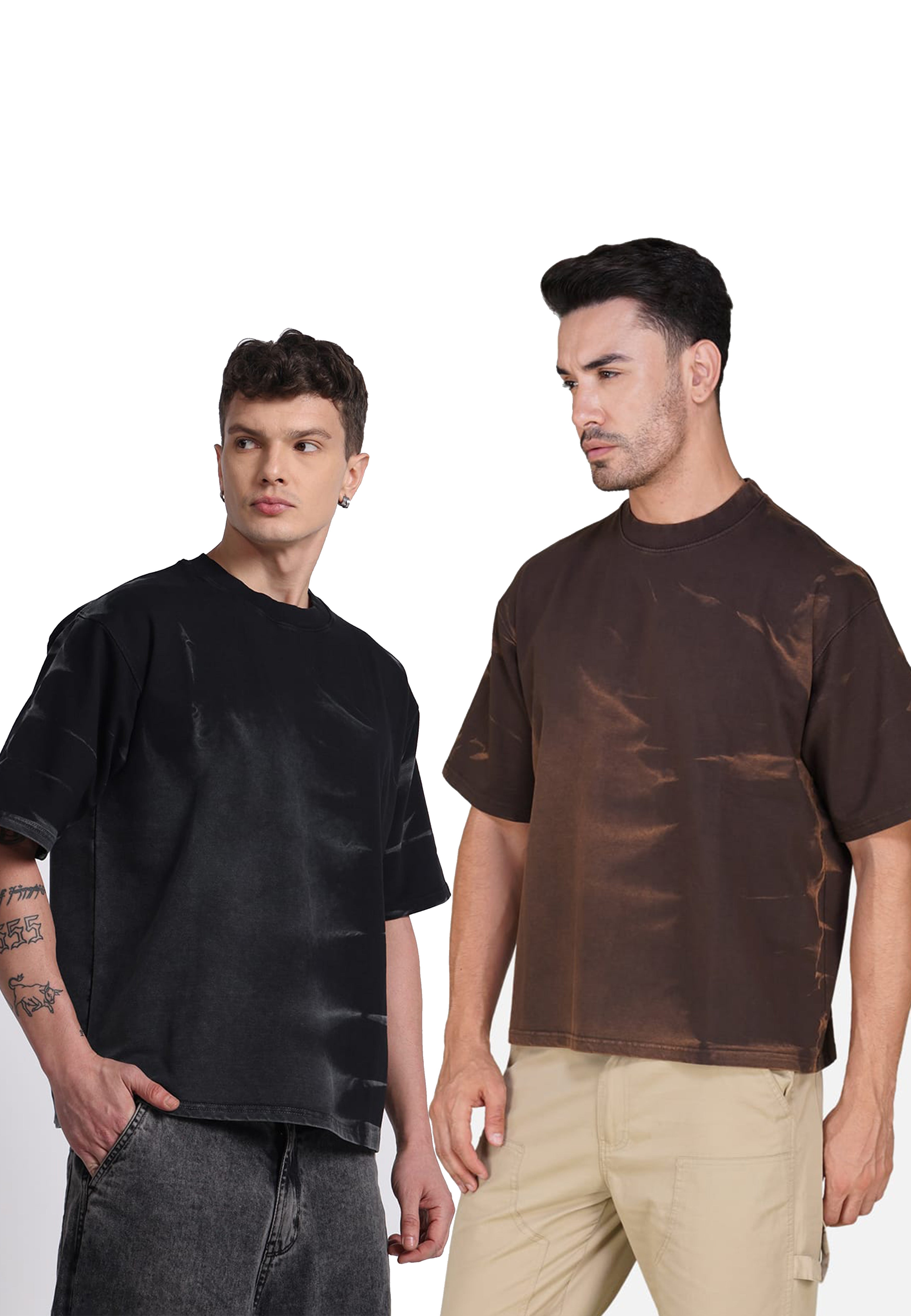 OVERSIZED TIE-DYE COTTON T-SHIRT - DARK BLACK & COFFEE  (PACK OF 2)