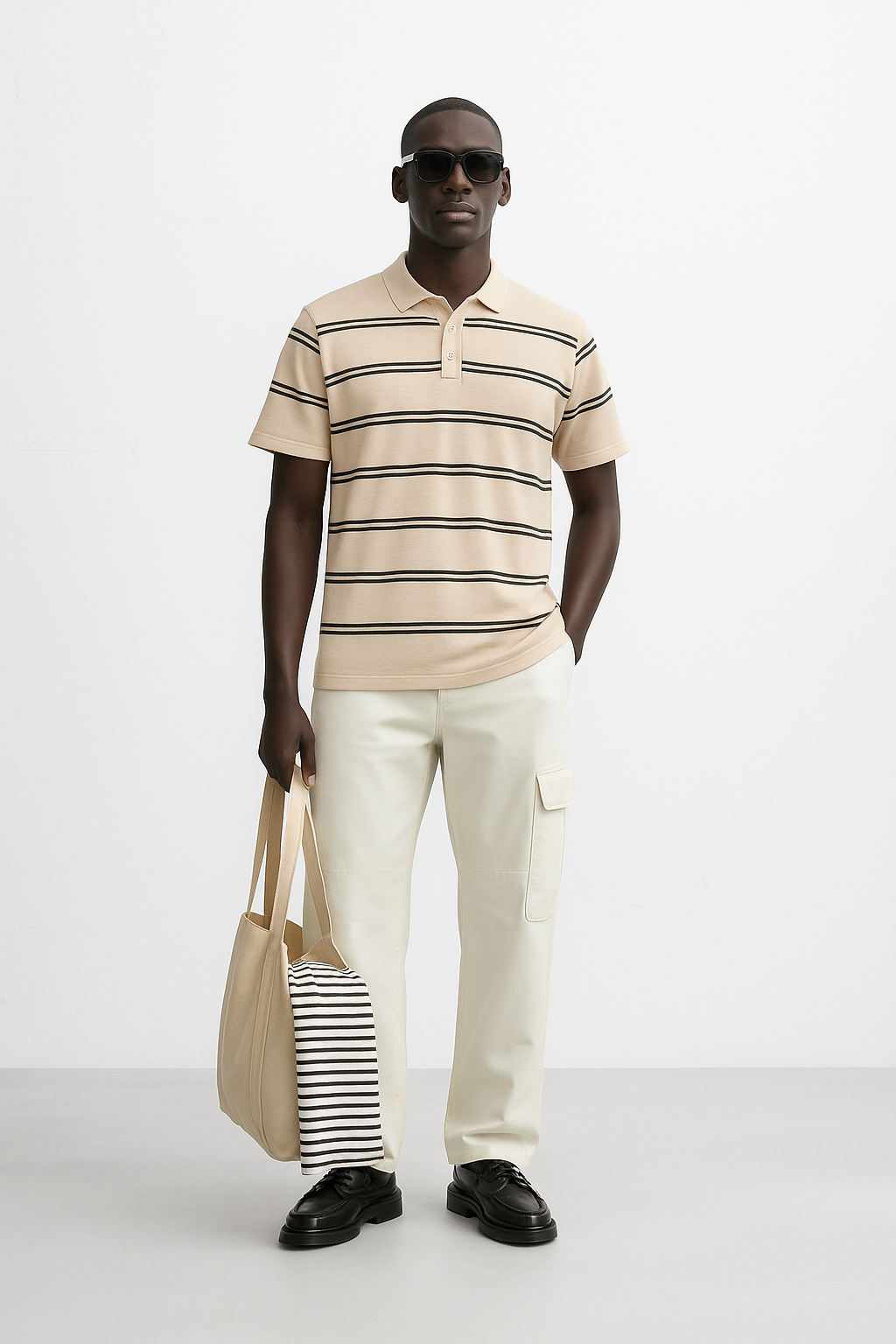 Striped Minimal Knit Polo – Cream Black